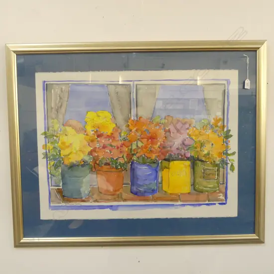 PATRICIA TURNEY 'FIVE POTS OF FLOWERS ON A TURKISH WINDOWSILL' WC 570x770mm