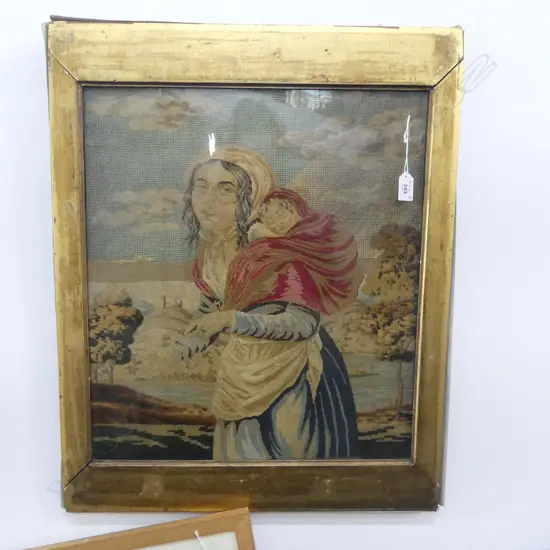 19thC TAPESTRY of A WOMAN WITH CHILD 490 X 430mm IN GILT FRAME