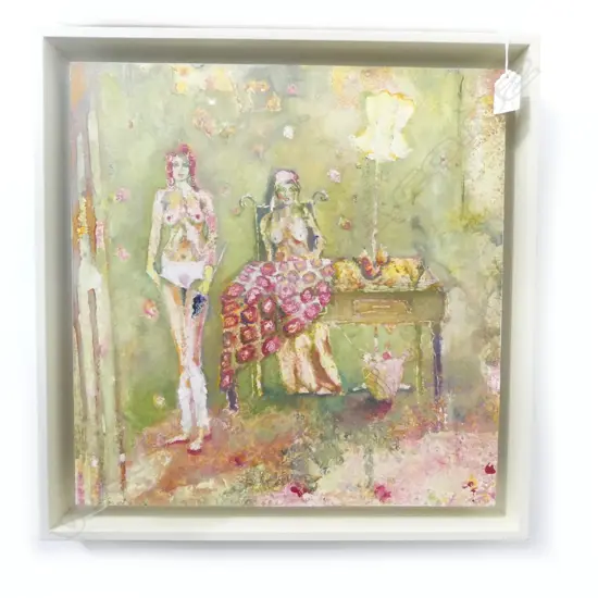 VICTORIA CASSELLS 'SISTERS MEND AND MAKE DO,,' OIL ON BOARD signed entitled dated 2010 verso 400 x 390mm