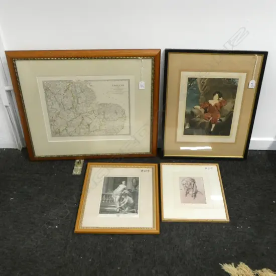 3 PRINTS + MAP OF EAST ENGLAND, HAND COLOURED ENGRAVING C.1830 315x390mm