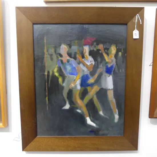 JOAN FEAR 'Tracey Played Goal Defence' oil on canvas board. Signed. 500 x 400mm