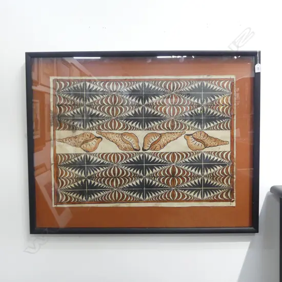 FRAMED TAPA CLOTH, GEOMETRIC DESIGN w. CONCH SHELLS 560x800mm 