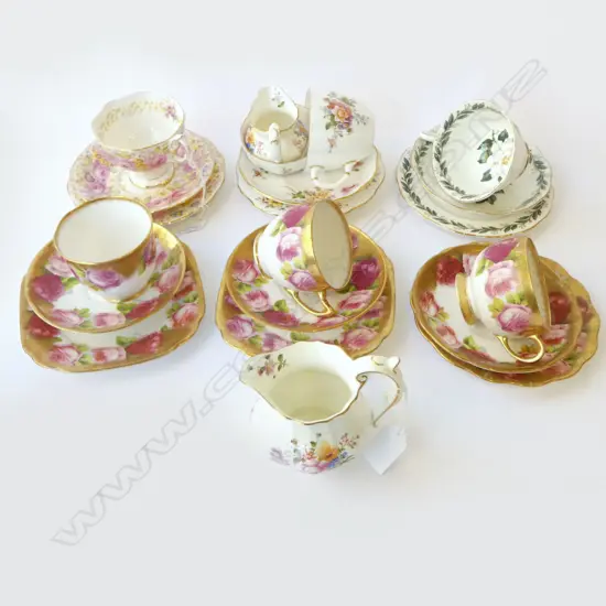 5 ROYAL ALBERT FANCY CHINA TRIOS +ROYAL CROWN DERBY C/S, MILK, SUGAR & JUG
