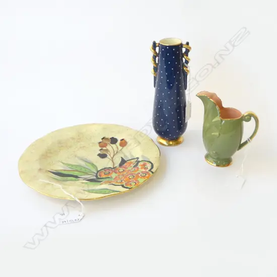 3PCS CARLTONWARE ROUGE BLUE VASE H185MM GUM TREE PAT RACK PLATE & JUG H110MM