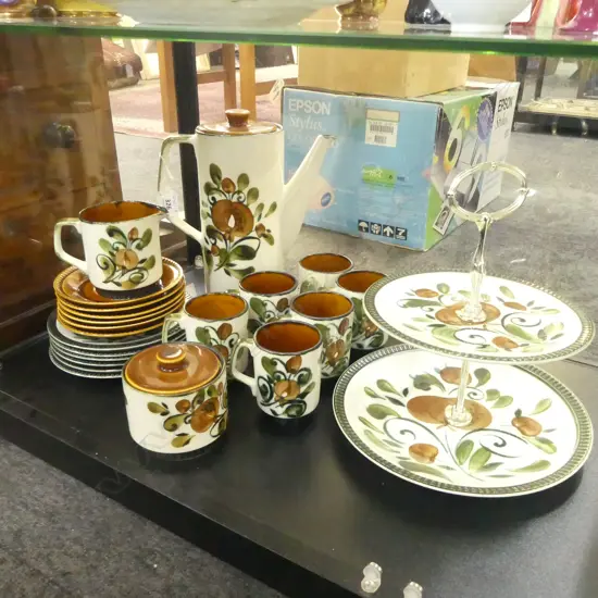 BOCH HANDPAINTED COFFEE SET WITH CAKE PLATE & 6 OTHER PLATES