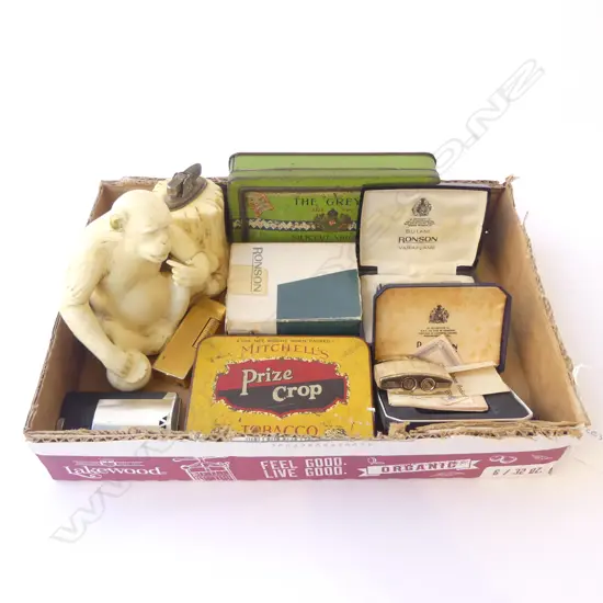 TRAY LOT  5 VINTAGE LIGHTERS & 2 TOBACCO TINS 