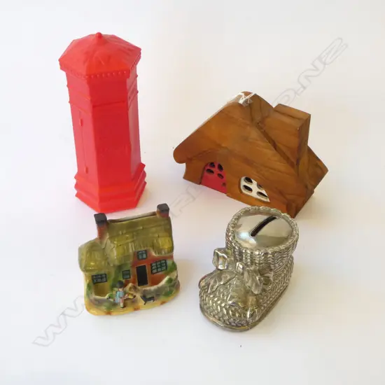 4 NOVELTY MONEY BOXES WOOD METAL PLASTIC & CHINA H90MM