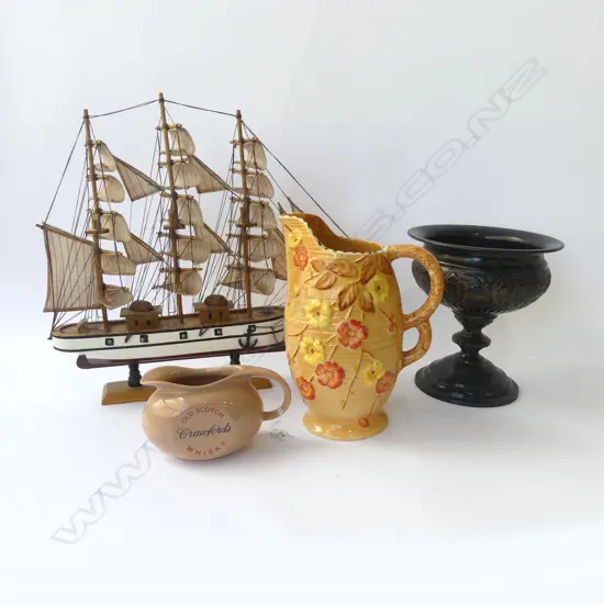 4 PCES; MODEL SAILBOAT H.425mm, MALING JUG, METAL COMPORT, CRAWFORDS WHISKY JUG