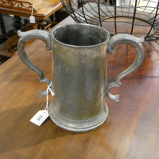 ANTIQUE GLASS BOTTOMED DOUBLE HANDLED ALE MUG H170MM