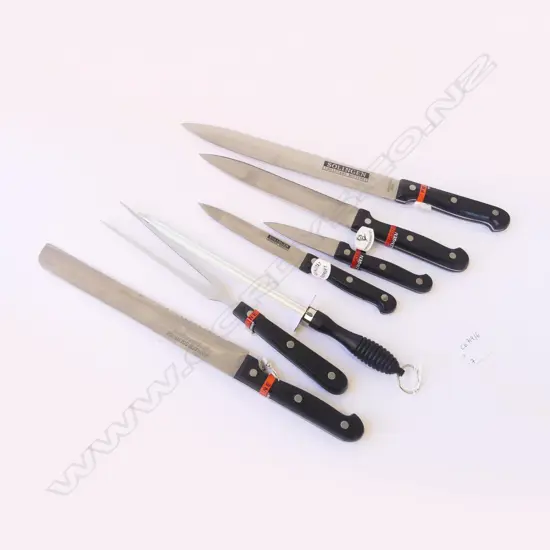 7 PCE SOLINGEN KNIFE SET; 5 KNIVES + FORK & STEEL L.365mm