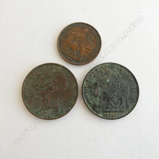 3 19thC NZ copper tokens: Holloway's Pills 1857 x 2 (one smaller) & 1858 some verdigris +   