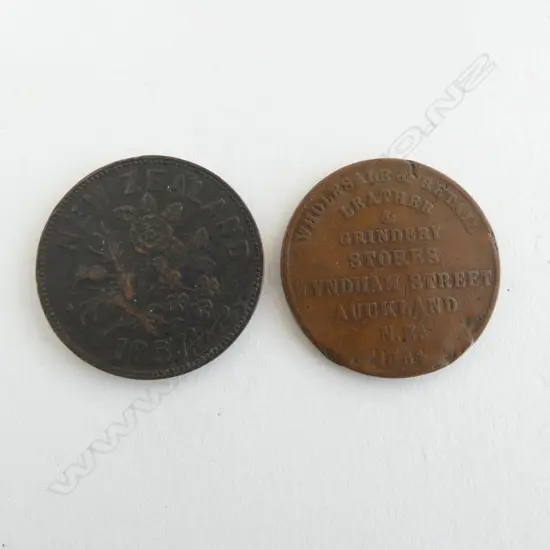 2 NZ COLONIAL COPPER TOKENS: M. SOMMERVILLE... 1857 AUCKLAND + B. GITTOS Leather Merchant 1864 Auckland