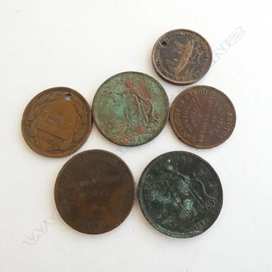 6 19thC NZ copper tokens etc.1874 United Service Hotel + H. Ashton x3 (different sizes) + R. Gratten w drilled hole 