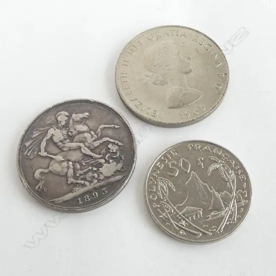 THREE COINS; 1893 SILVER QUEEN VICTORIA CROWN, 27.7gm, CHURCHILL 1965 & 1985 FRENCH POLYNESIAN  FRANC
