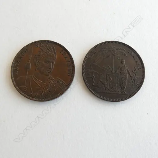2 x NZ copper tokens: 1 Penny - Milner and Thompson Large Series -Christchurch 1881