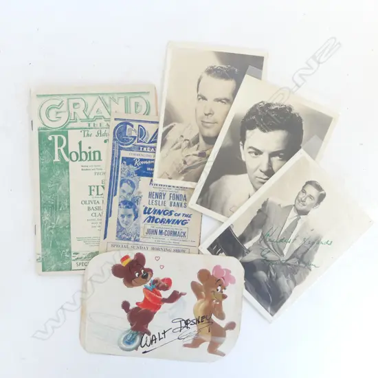 SIGNED WALT DISNEY? CARD + AUCKLAND THEATRE PROGRAMMES & 3 SIGNATURES: CORNELL WILDE, ERROL FLYNN & FRED MACMURRAY