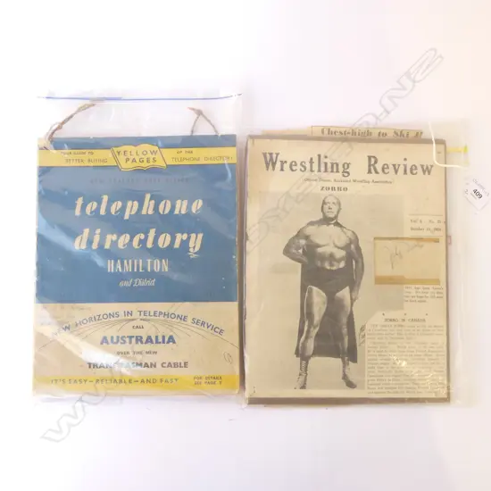 AUCKLAND WRESTLING REVIEW, FRONT PAGE WITH COVER OF ZORO, SIGNATURE & ASST. ZORO EPHEMERA & HAMILTON TELEPHONE DIRECTORY