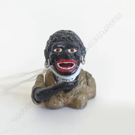 UNCOMMON MINIATURE CAST IRON DINAH 'MONEY BANK' SCULPTURE H.30mm. Lever to back. Arm & tongue move
