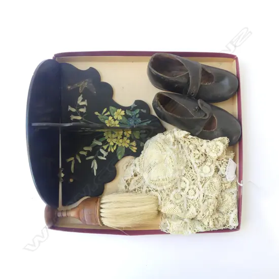 VICTORIAN SHELF, LACE COLLAR, LACE, BONNET BRUSH, CHILD’S LEATHER SHOES