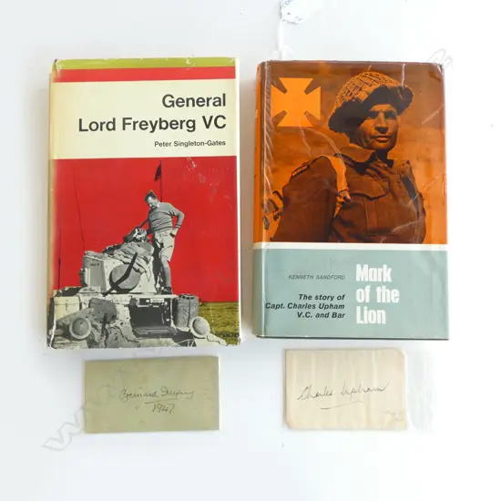 'MARK OF THE LION' + 'GENERAL LORD FREYBERG VC' WW2 BIOGRAPHIES, BOTH WITH LOOSE SIGNATURES BY RESPECTIVE AUTHORS
