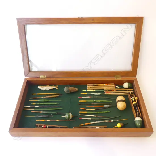 VINTAGE WALL MOUNTED OAK DISPLAY CABINET H730 L360MM CONTAINING 35 PLUS VINTAGE FISHING FLOATS