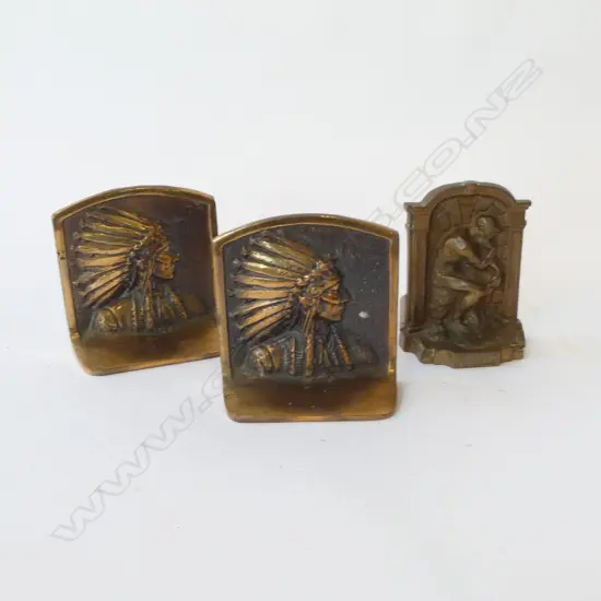 PAIR OF AMERICAN INDIAN HEAD BRONZE BOOKENDS 25X120mm & ONE 'THE THINKER' 130 x 90mm
