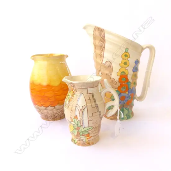 2 BESWICK FLORAL JUGS H285 & 160MM & DECO BESWICK BRIGHT COLOURED VASE H200MM