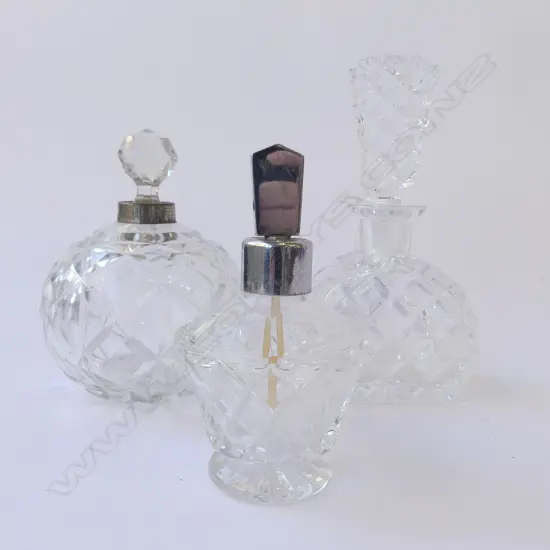 3 ART DECO CUT CRYSTAL PERFUME BOTTLES H170MM TALLEST