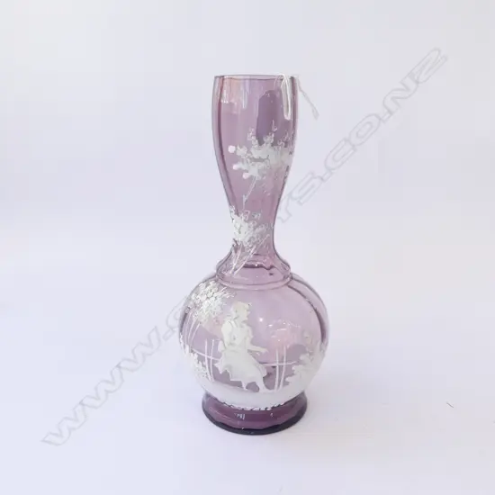 VICTORIAN AMETHYST GLASS Mary Gregory specimen vase woman seated on fence H.245mm