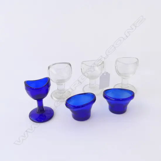 SIX ANTIQUE & VINTAGE GLASS EYE BATHS 3 COBALT BLUE, H.30MM-65MM