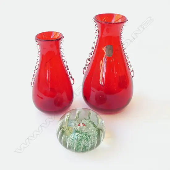 2 ITALIAN RUBY GLASS VASES H190 & 150MM & GLASS PAPER WEIGHT DIA 90MM