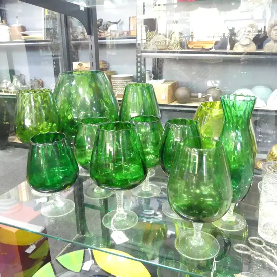11 GREEN ART GLASS VASES H.285mm