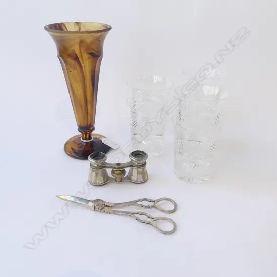6 STUART CRYSTAL GLASSES H.100mm, EP GRAPE SCISSORS, MoP OPERA GLASSES, DECO VASE H.215mm