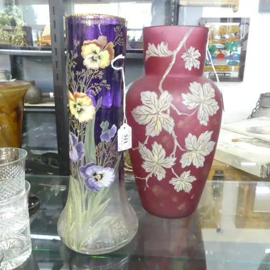 TALL CRANBERRY GLASS  FLORAL VASE H300 &  PURPLE GLASS PANSY VASE H300MM