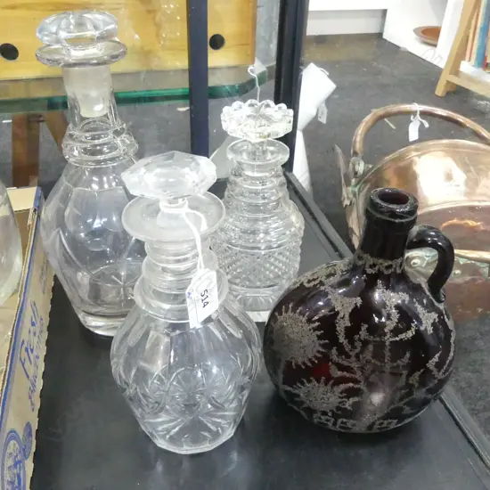 3 ANTIQUE DECANTERS H.260mm + ETCHED BOTTLE H.180mm