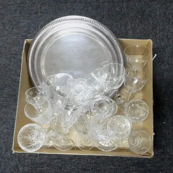 COLLECTION OF ASST. CRYSTAL/GLASSWARE + EP DRINKS TRAY 
