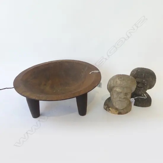 LG. KAVA BOWL Dia.415mm w. PROFESSIONAL REPAIR + 2 CARVED BUSTS