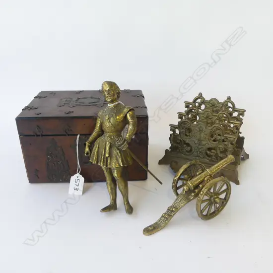 ANTIQUE BOX W.220mm FAULTS, 3 BRASS PCES; LETTER RACK, CANON, FIGURE H.205mm