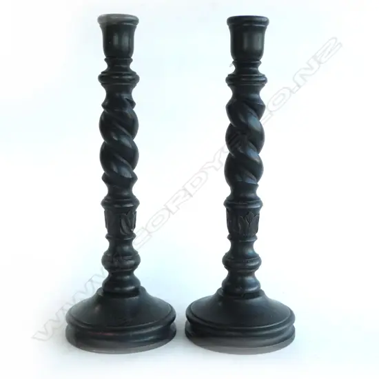 PR OF EBONISED BARLEY TWIST CANDLE STICKS H.460mm