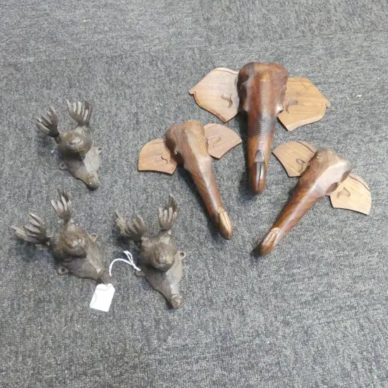 6 WALL HOOKS; 3 CAST IRON DEER, 3 WOODEN ELEPHANTS FAULTS H.255mm