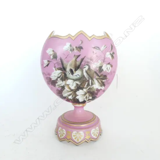 VICT PINK GLASS VASE HAND PAINTED BIRD SCENE H250MM