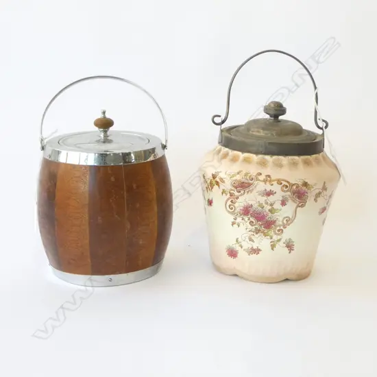 2 VINTAGE BISCUIT BARRELS H190MM  1 CHINA 1 WOOD & CHROME