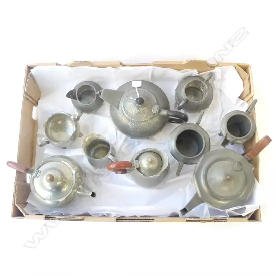 THREE PEWTER ARTS & CRAFTS TEA SETS ‘TUDRIC’ ‘WARRIC’ ‘CRAFTSMAN’ UK