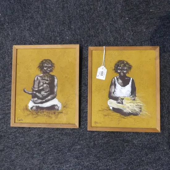 2 SMALL ABORIGINAL OILS WEAVER & MOTHER & CHILD SIGNED L PARIS