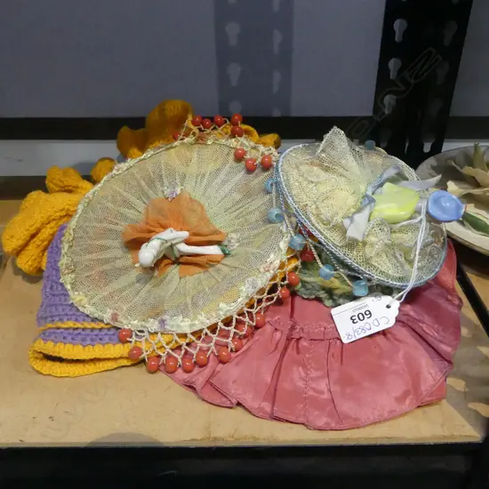 5 HALF DOLLS, JUG / TEAPOT COVERS ETC