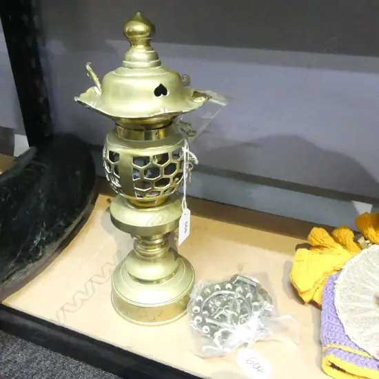 VINTAGE JAPANESE PIERCED BRASS VOTIVE LANTERN, H.300mm needs repair & 3 BRASS HORSE BRIDLE MEDALLIONS