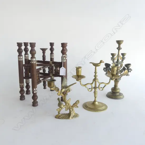 3 BRASS CANDLE HOLDERS + MoP INLAID FOLDING STAND