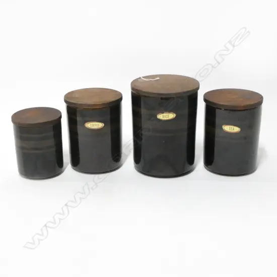 SET OF 4 MID CENTURY GLAZED POTTERY WOOD LIDDED STORAGE JARS VARIOUS HIGHTS  190MM TALLEST