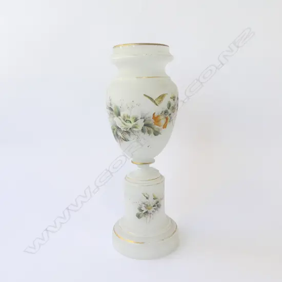 EDWARDIAN HAND PAINTED MILK GLASS VASE H400MM