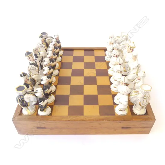 VINTAGE ROYAL DUX 32PC CHINA CHESS SET H110 & INLAID WOOD GAMES BOARD L355MM